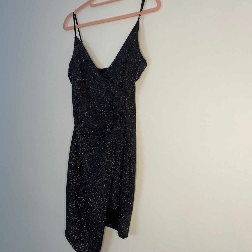 Vintage Le Chateau Black Metallic Glitter Asymmetrical Ruched Wrap Dress M - Picture 3 of 7